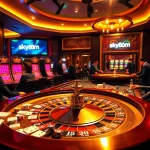 Immersive gaming scene at sky88 vom featuring roulette, cards, and vibrant slot machines.