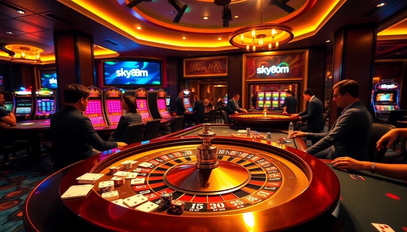 Immersive gaming scene at sky88 vom featuring roulette, cards, and vibrant slot machines.