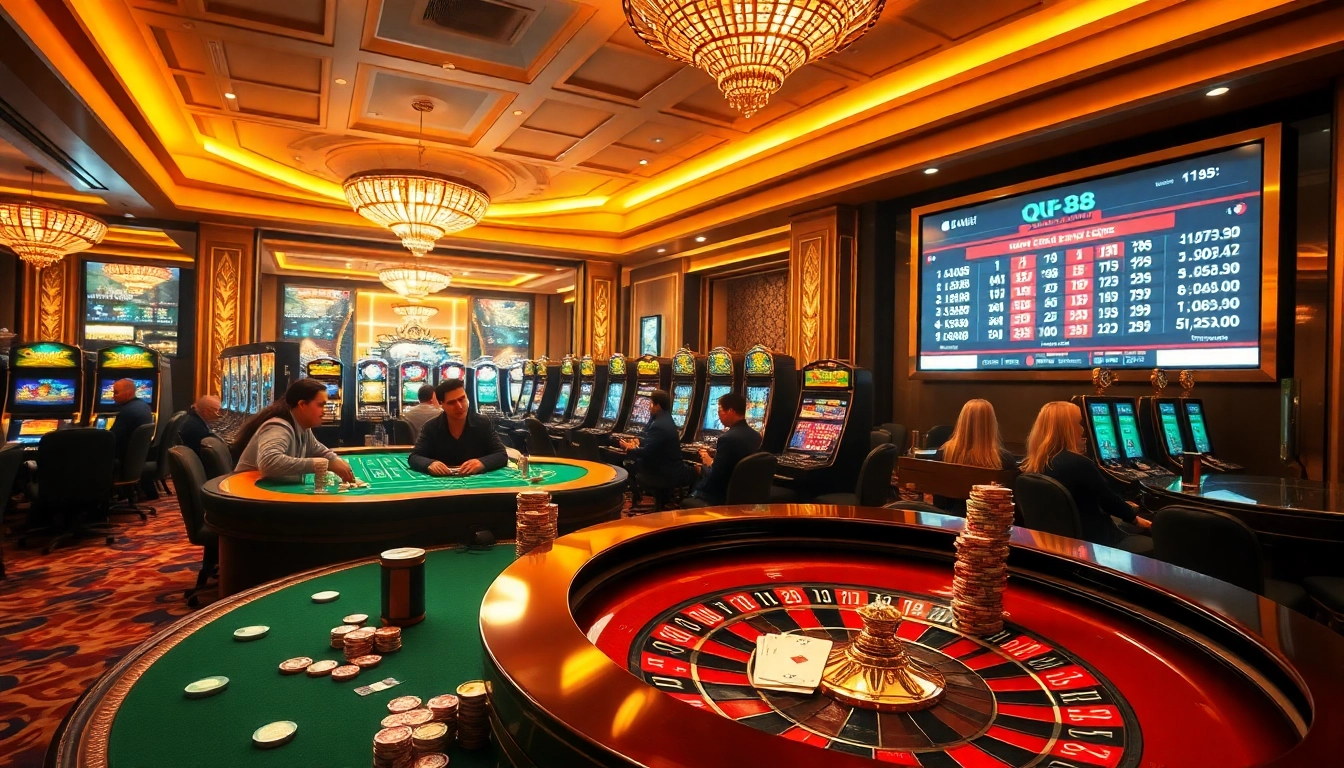 Players celebrating their wins at QQ88 casino with vibrant slot machines and roulette table.