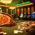 Experience the thrill of betting at 9bet with a luxurious casino scene featuring poker, roulette, and vibrant gaming props.