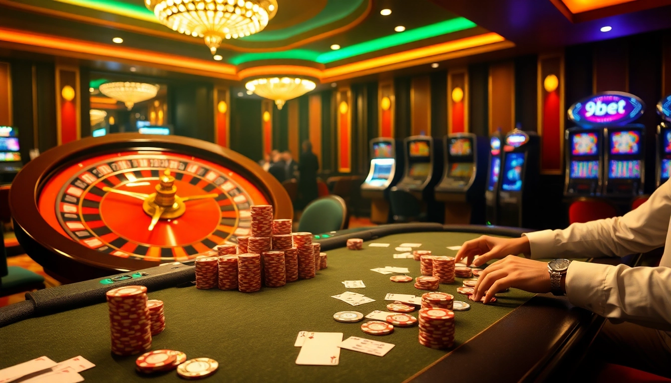 Experience the thrill of betting at 9bet with a luxurious casino scene featuring poker, roulette, and vibrant gaming props.