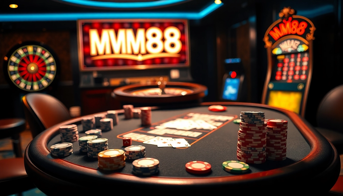 Engaged players enjoying games at MM88 with vibrant slots and poker tables.