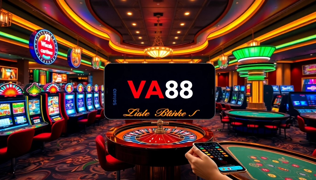 Experience Va88 with exciting slot machines and vibrant roulette wheels in a luxurious casino setting.