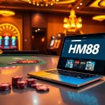 Experience the thrill of gambling at HM88 with a luxurious casino scene featuring poker chips and a roulette wheel.