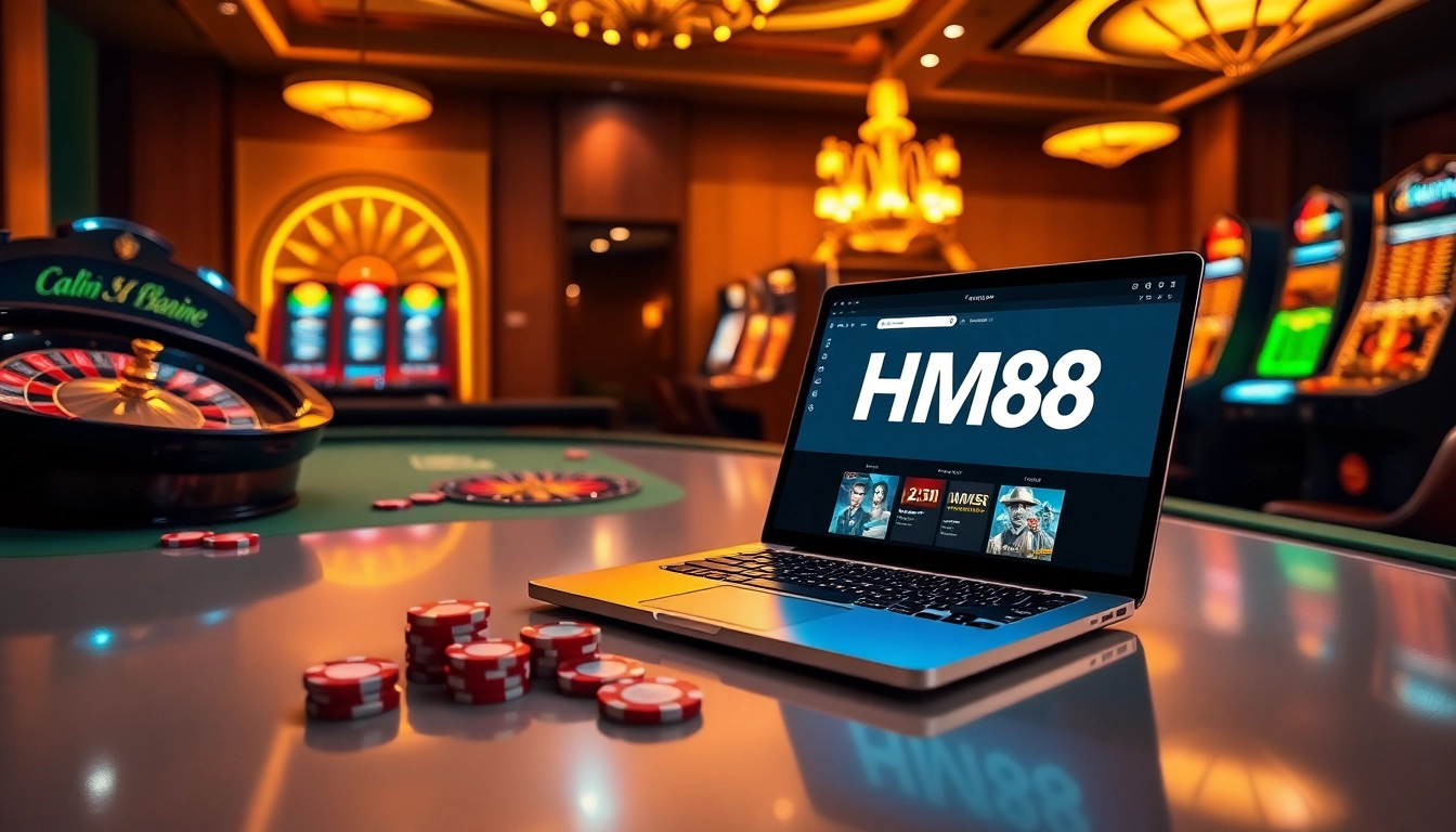 Experience the thrill of gambling at HM88 with a luxurious casino scene featuring poker chips and a roulette wheel.