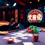 A luxurious casino poker table scene showcasing 소액결제 options, with vibrant poker chips and players engaged in action.