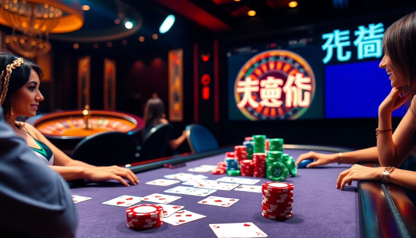 A luxurious casino poker table scene showcasing 소액결제 options, with vibrant poker chips and players engaged in action.