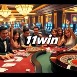 11win casino scene showcasing players engaged in thrilling gambling activities with poker chips and roulette.