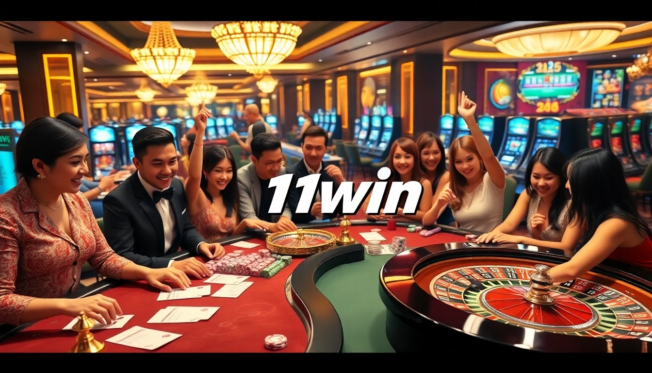 11win casino scene showcasing players engaged in thrilling gambling activities with poker chips and roulette.