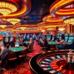 OKFUN casino scene showcasing vibrant slot machines, poker tables, and players engaged in thrilling games.