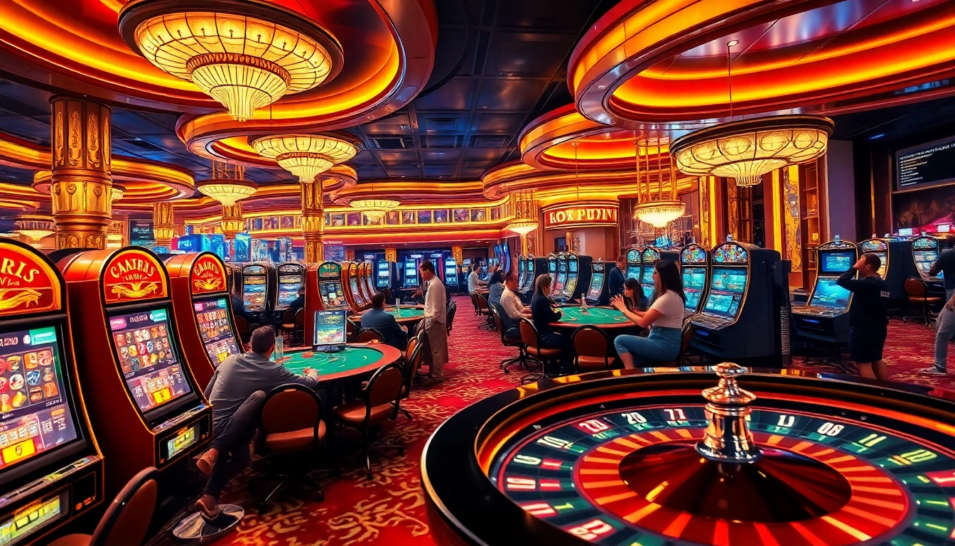 OKFUN casino scene showcasing vibrant slot machines, poker tables, and players engaged in thrilling games.