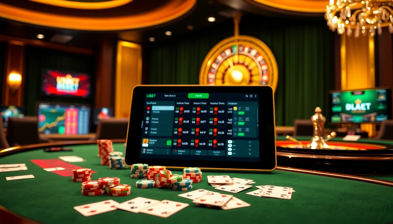 Engaging USBET online gambling scene featuring poker chips and a roulette wheel