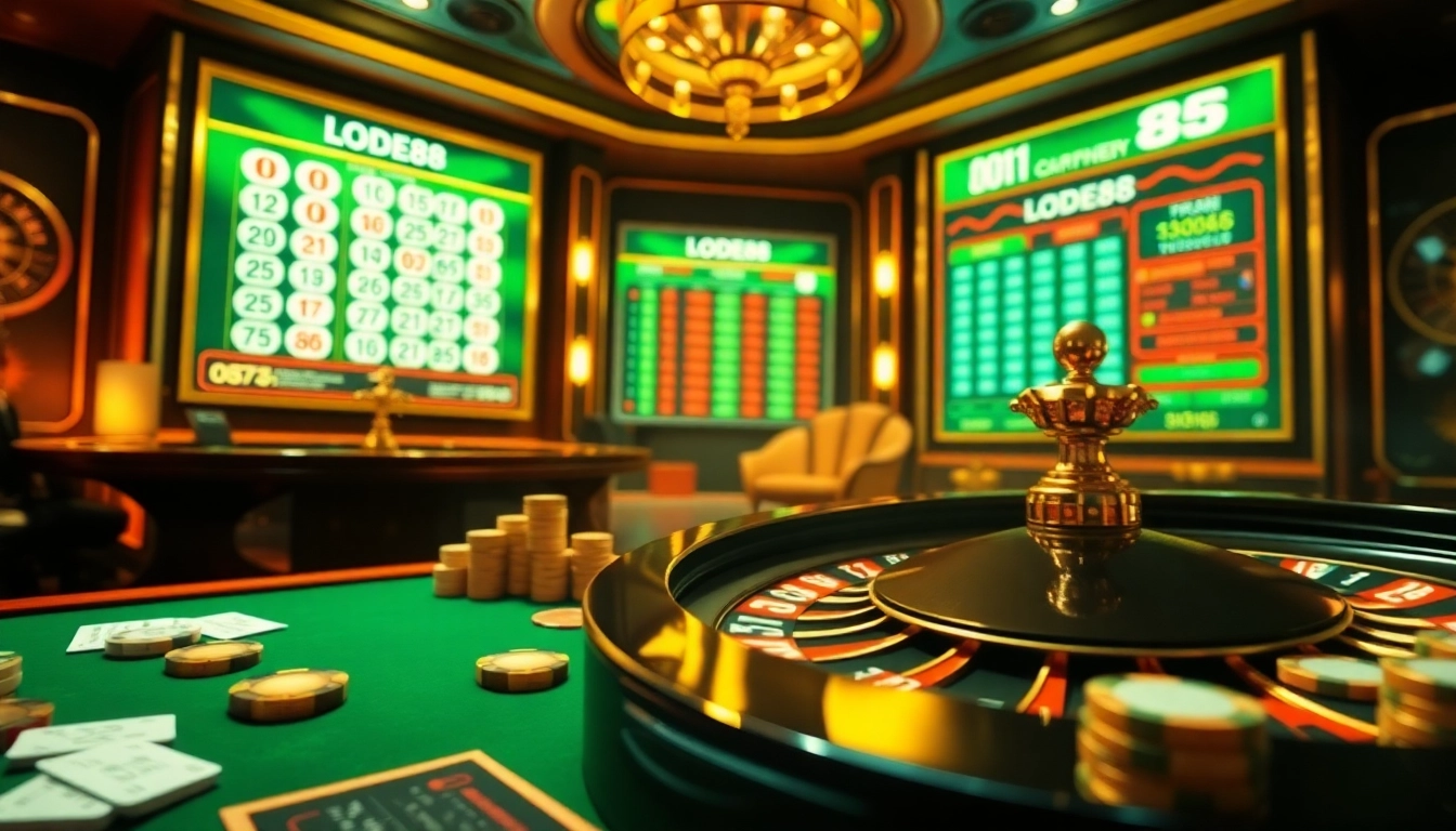 Players engaging with Lode88's vibrant online lottery interface amid luxurious gambling elements.