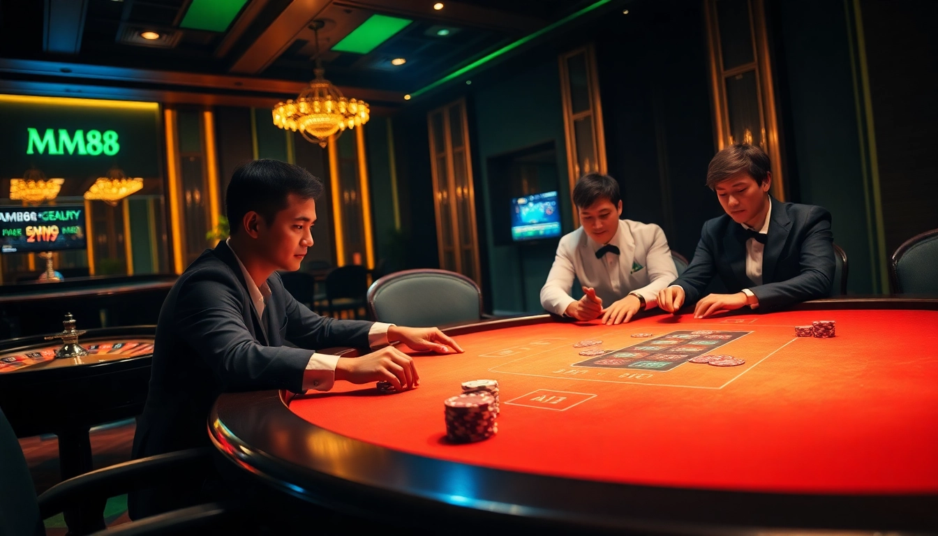 Engage with MM88 casino excitement at a luxurious poker table, featuring high-stakes gameplay and vibrant chips.