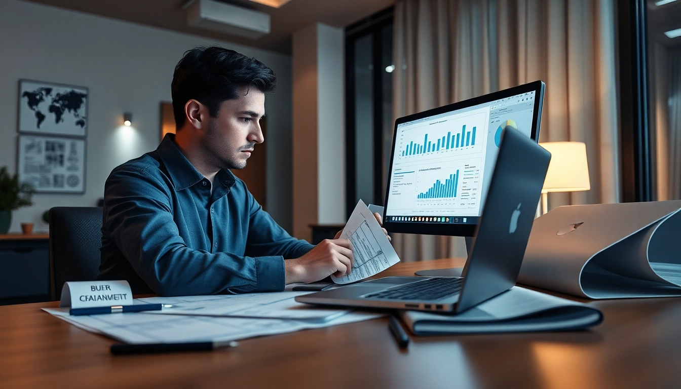 Ekspert biura rachunkowego dla firmy budowlanej analizujący dokumenty finansowe w nowoczesnym biurze.