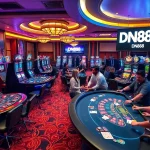 Players enjoying gaming excitement at a luxurious casino featuring DN88-themed tables and vibrant slot machines.