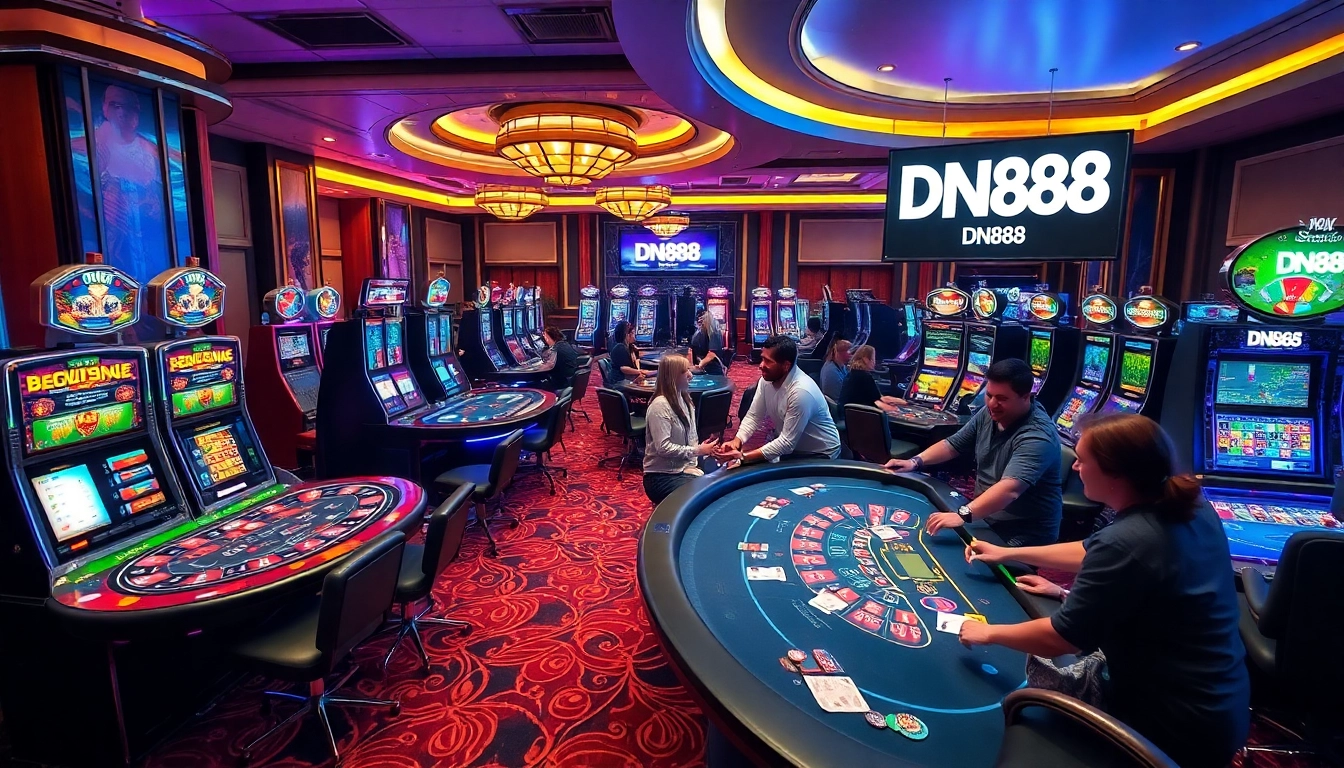 Players enjoying gaming excitement at a luxurious casino featuring DN88-themed tables and vibrant slot machines.