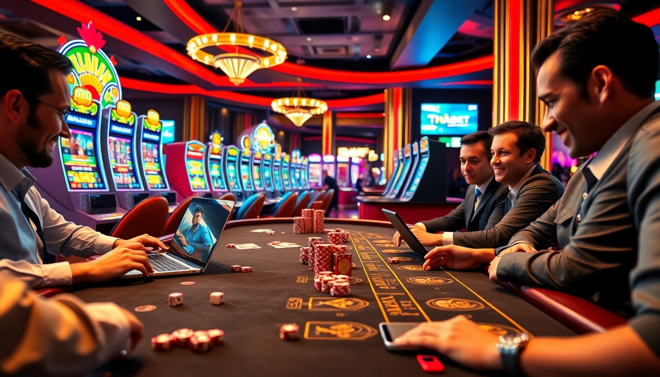 Players enjoying the THABET online casino experience with engaging graphics and vivid gambling elements.