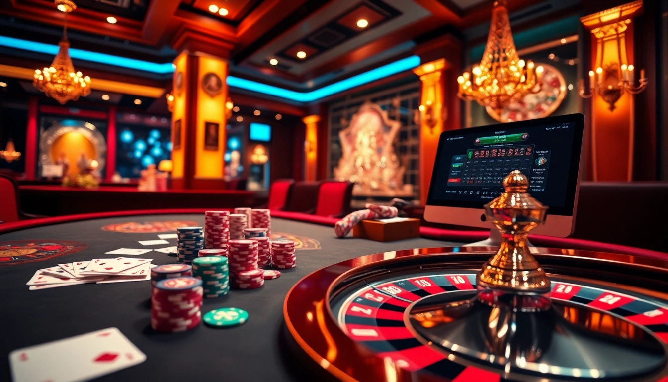 Experience the excitement of gambling at Trang Chủ BJ88 with vibrant casino visuals.