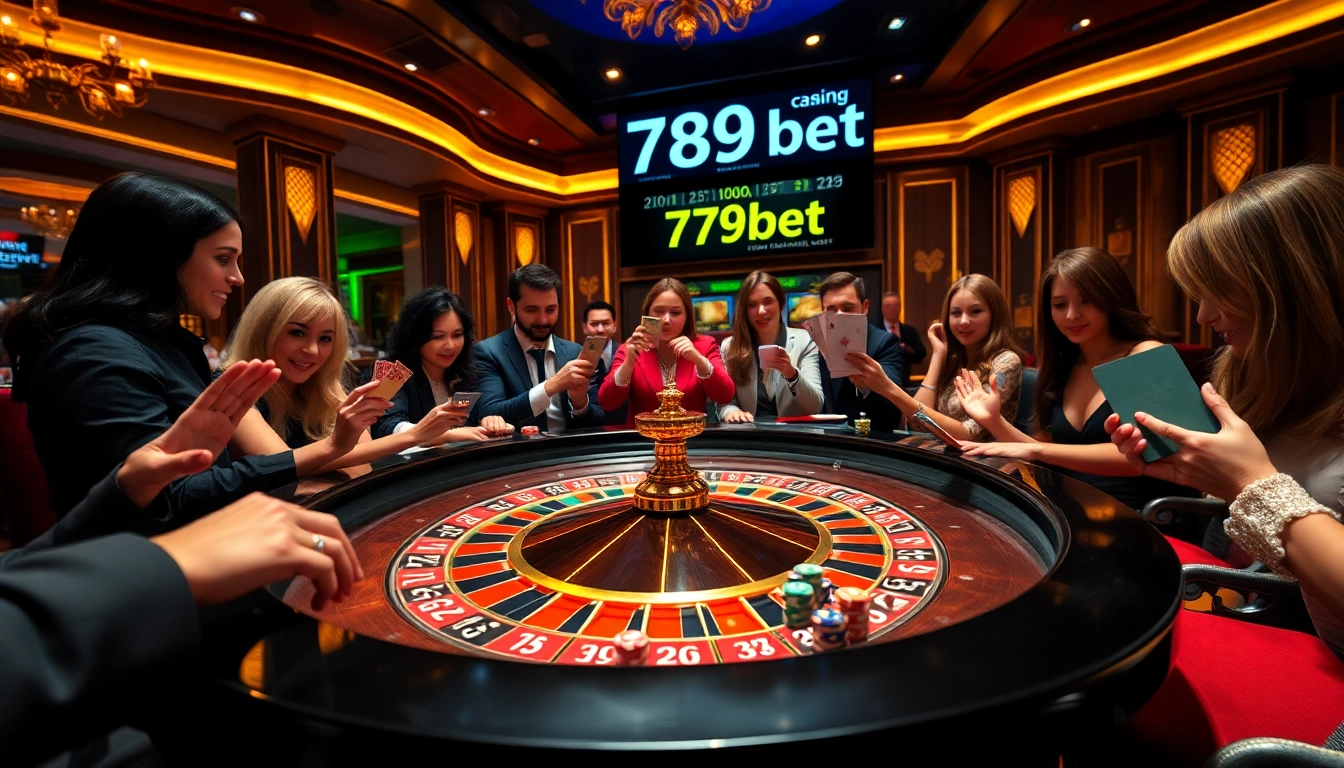 Exciting scene of players betting at a roulette table, showcasing 789bet gambling action.