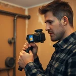 Technician performing hidden leak detection in a residential setting using thermal imaging.