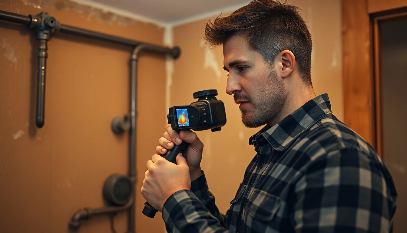 Technician performing hidden leak detection in a residential setting using thermal imaging.