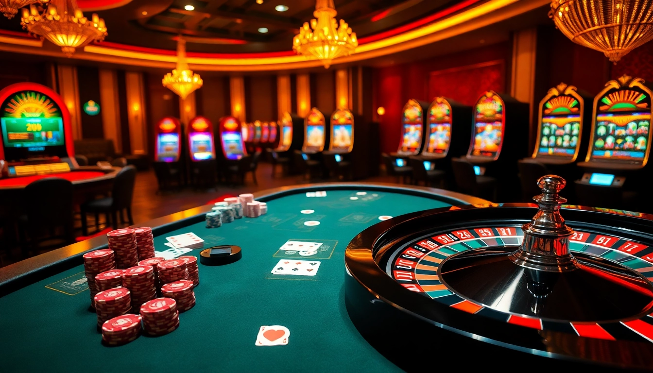Players enjoying a thrilling game of poker at the rikvip gambling table in a luxurious casino setting.