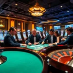 Professional players at the Liên minh KJC high-stakes poker table in a vibrant casino setting.