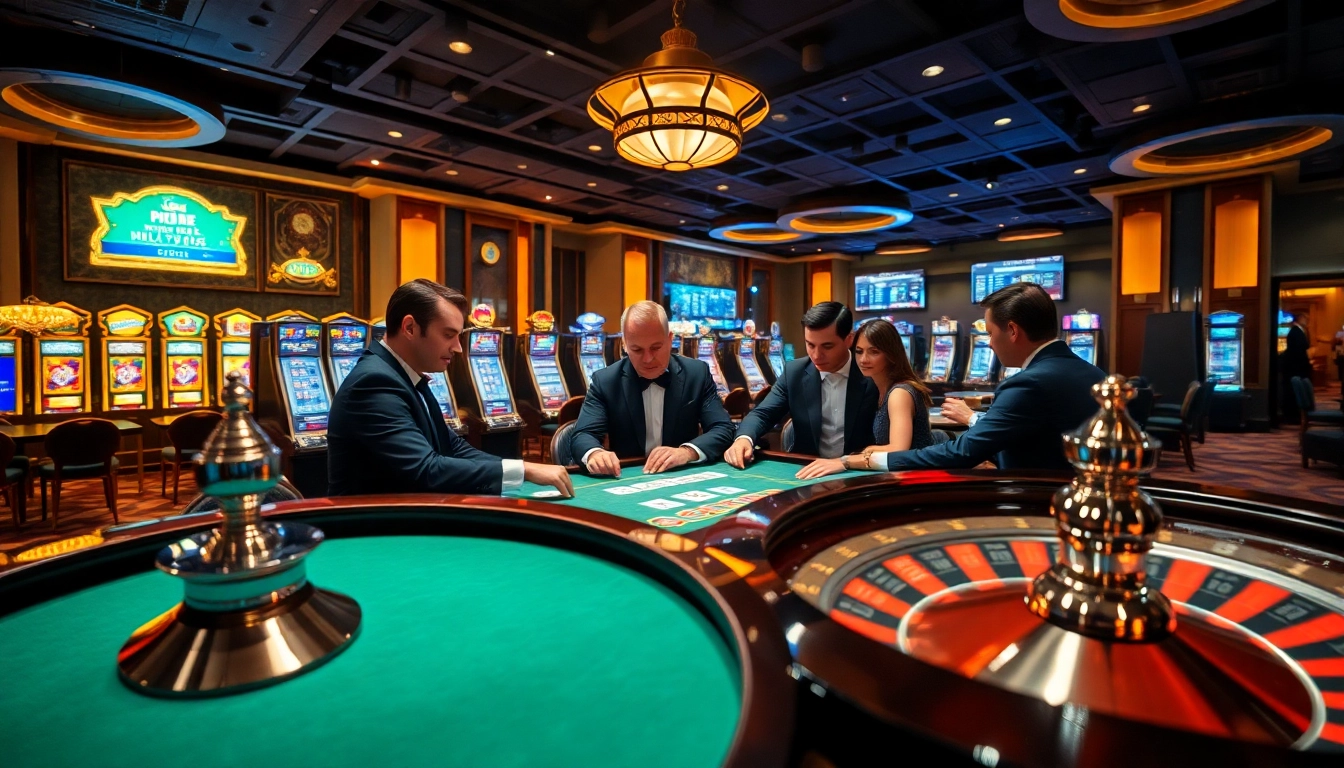 Professional players at the Liên minh KJC high-stakes poker table in a vibrant casino setting.