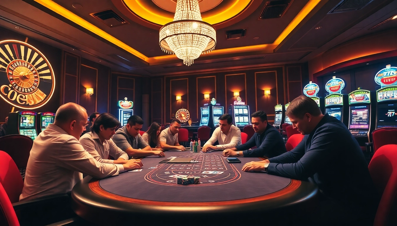 Experience high-stakes excitement at 777VIP with a vibrant casino scene featuring poker tables and roulette wheels.