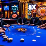 Engaged players at a poker table in a luxurious casino setting featuring 8XX-themed decor.