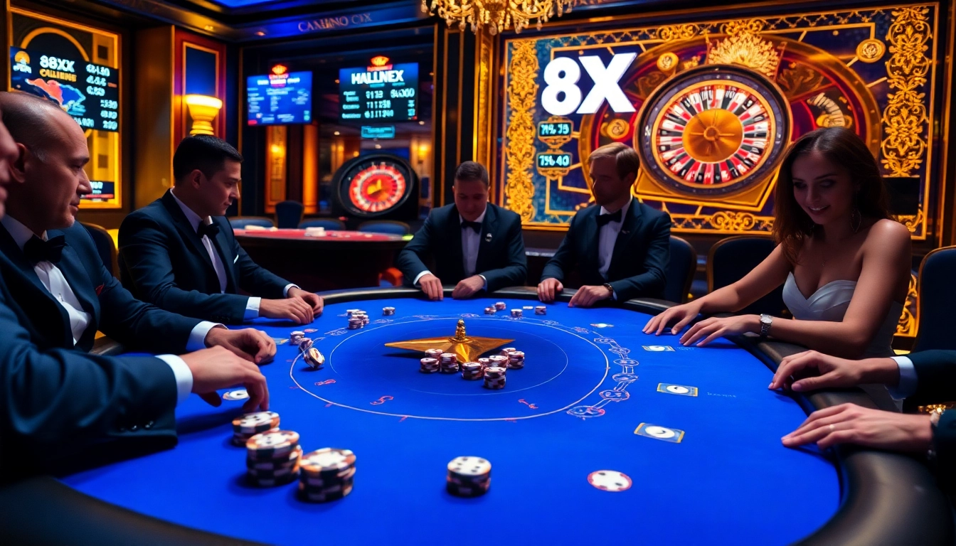 Engaged players at a poker table in a luxurious casino setting featuring 8XX-themed decor.
