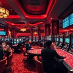 Exciting casino scene depicting LC88 Vip, vibrant players at luxurious gaming tables.