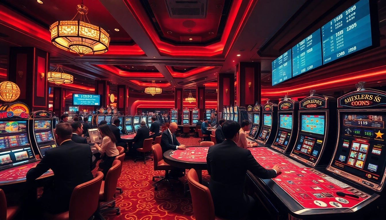 Exciting casino scene depicting LC88 Vip, vibrant players at luxurious gaming tables.