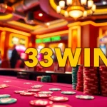 A thrilling casino scene featuring poker chips and cards, embodying the excitement of 33WIN.