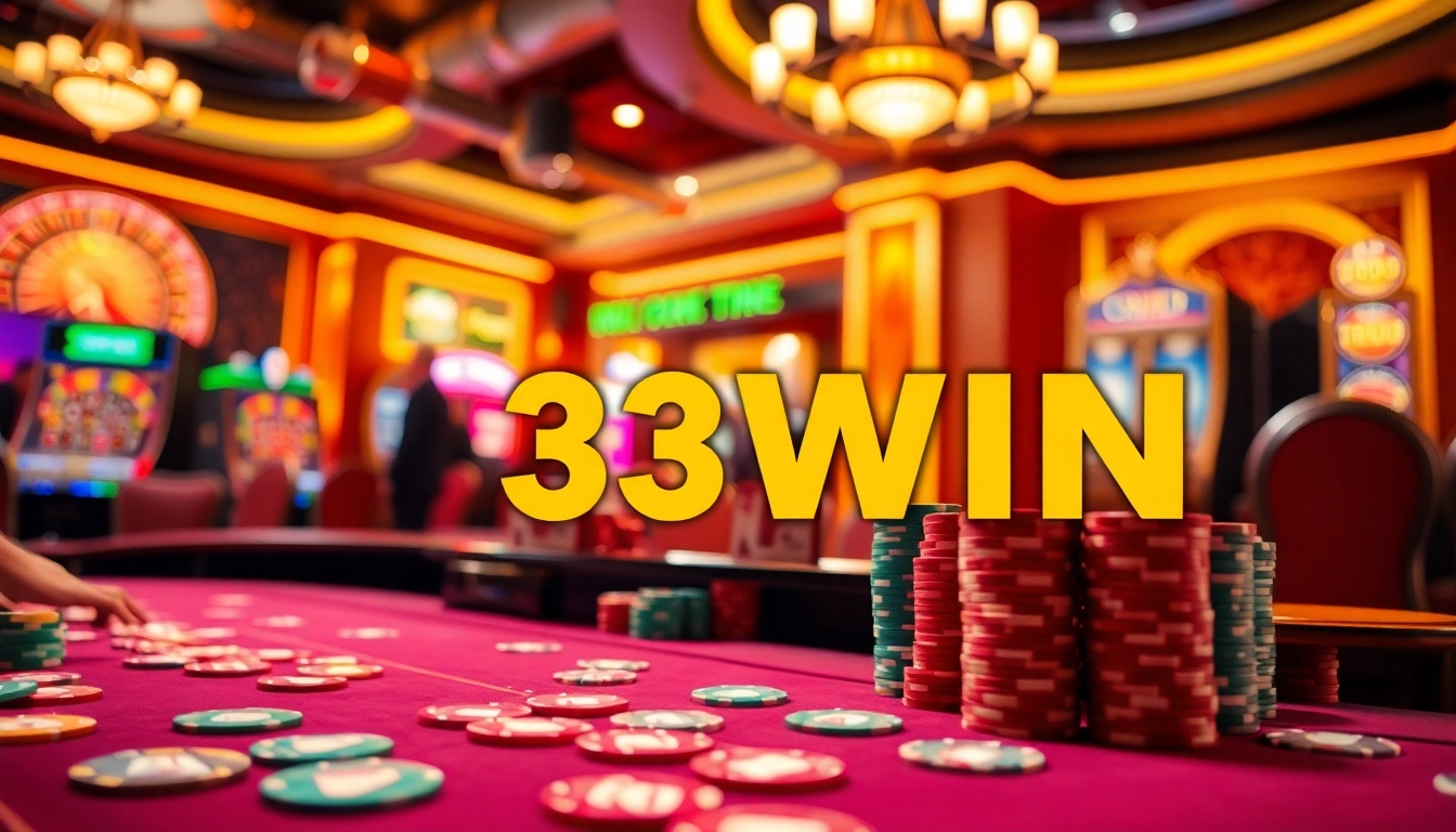 A thrilling casino scene featuring poker chips and cards, embodying the excitement of 33WIN.