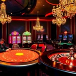 Engaging poker players at a luxurious S8 casino table, showcasing vibrant slot machines.