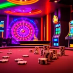 Experience the thrill of betting on KM88 with dynamic casino elements like poker chips and a spinning roulette wheel.