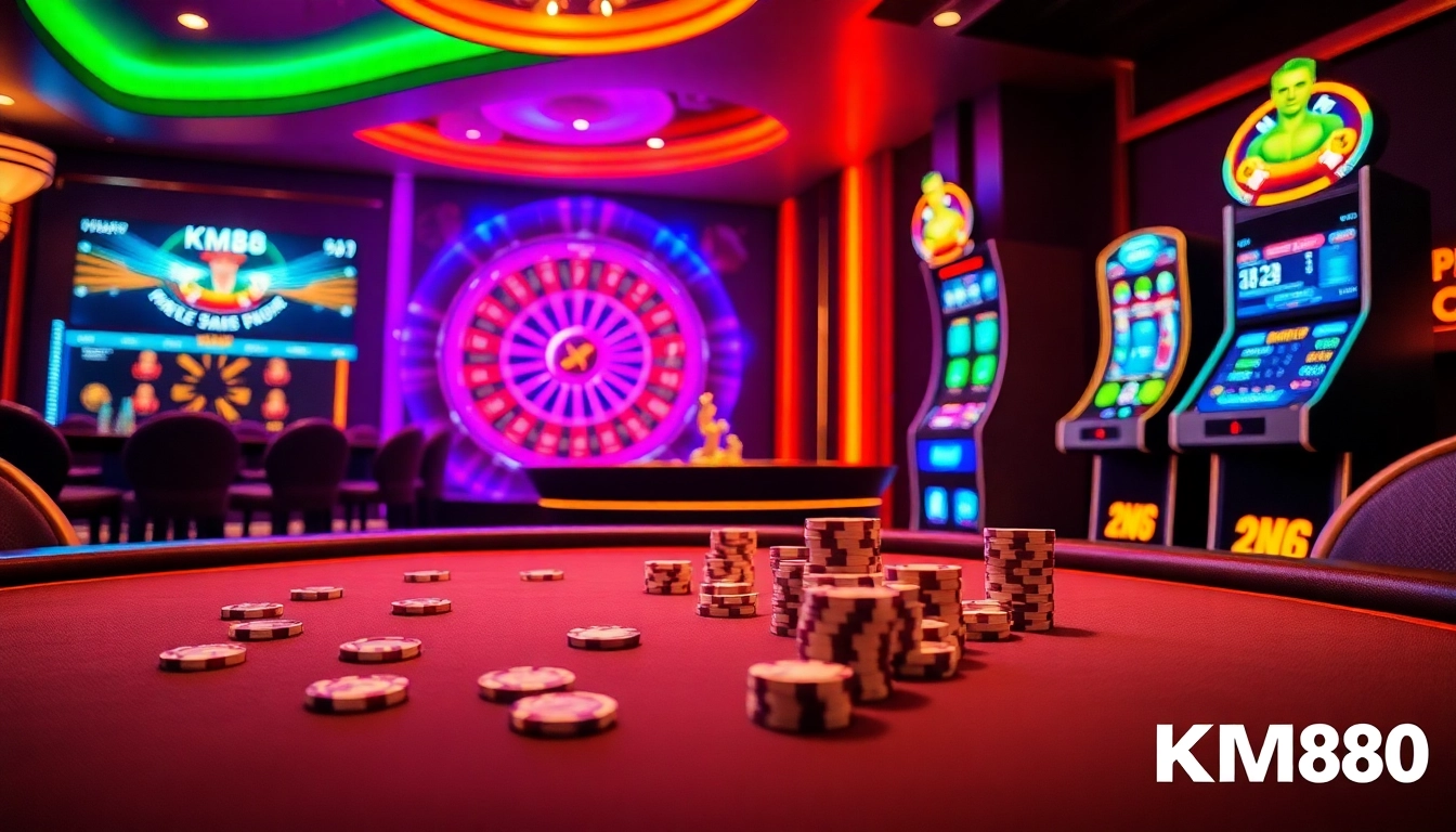 Experience the thrill of betting on KM88 with dynamic casino elements like poker chips and a spinning roulette wheel.