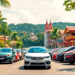 Car rental in Kuching Sarawak featuring colorful rental cars in a scenic backdrop
