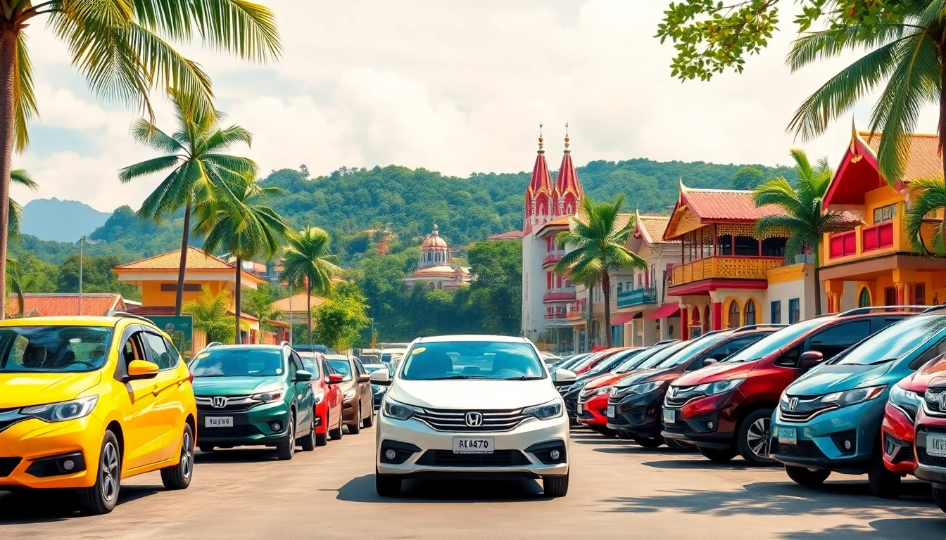 Car rental in Kuching Sarawak featuring colorful rental cars in a scenic backdrop