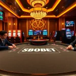 SBOBET poker players engage in high-stakes gambling at an elegant casino table, capturing the excitement of betting.