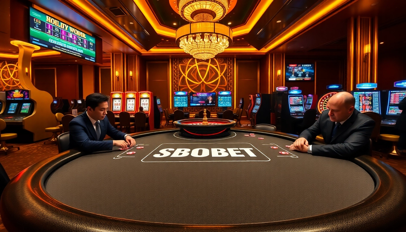 SBOBET poker players engage in high-stakes gambling at an elegant casino table, capturing the excitement of betting.