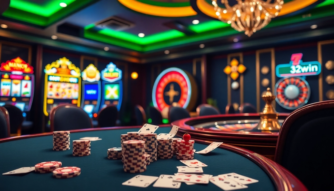 Engaging casino ambiance showcasing vibrant slot machines and a dynamic poker scene at 32win com.