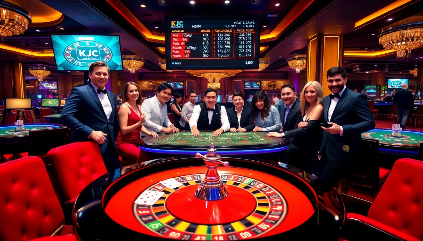 KJC's premium casino experience with vibrant poker tables, excited players, and detailed betting displays.