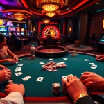 Engaged players at a ta88c poker table, chips and cards showcase excitement in a luxurious casino setting.