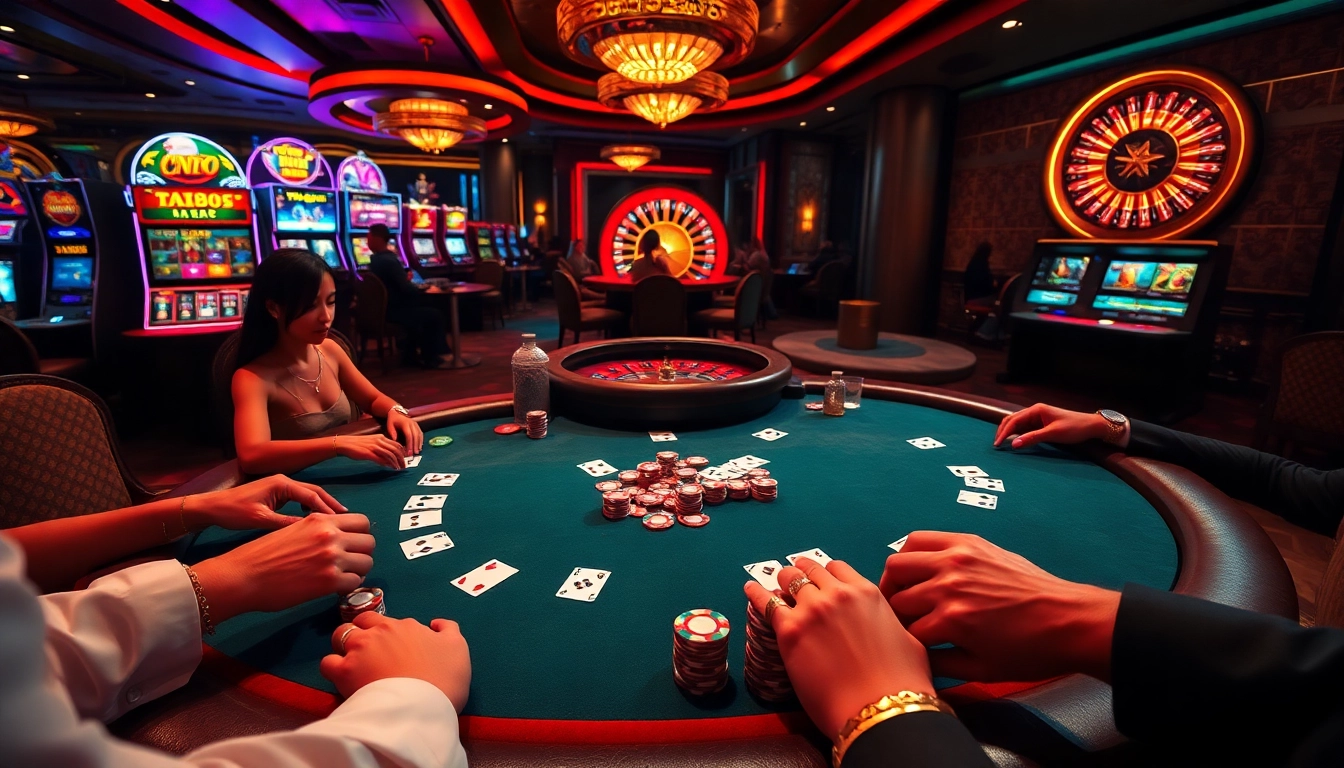 Engaged players at a ta88c poker table, chips and cards showcase excitement in a luxurious casino setting.