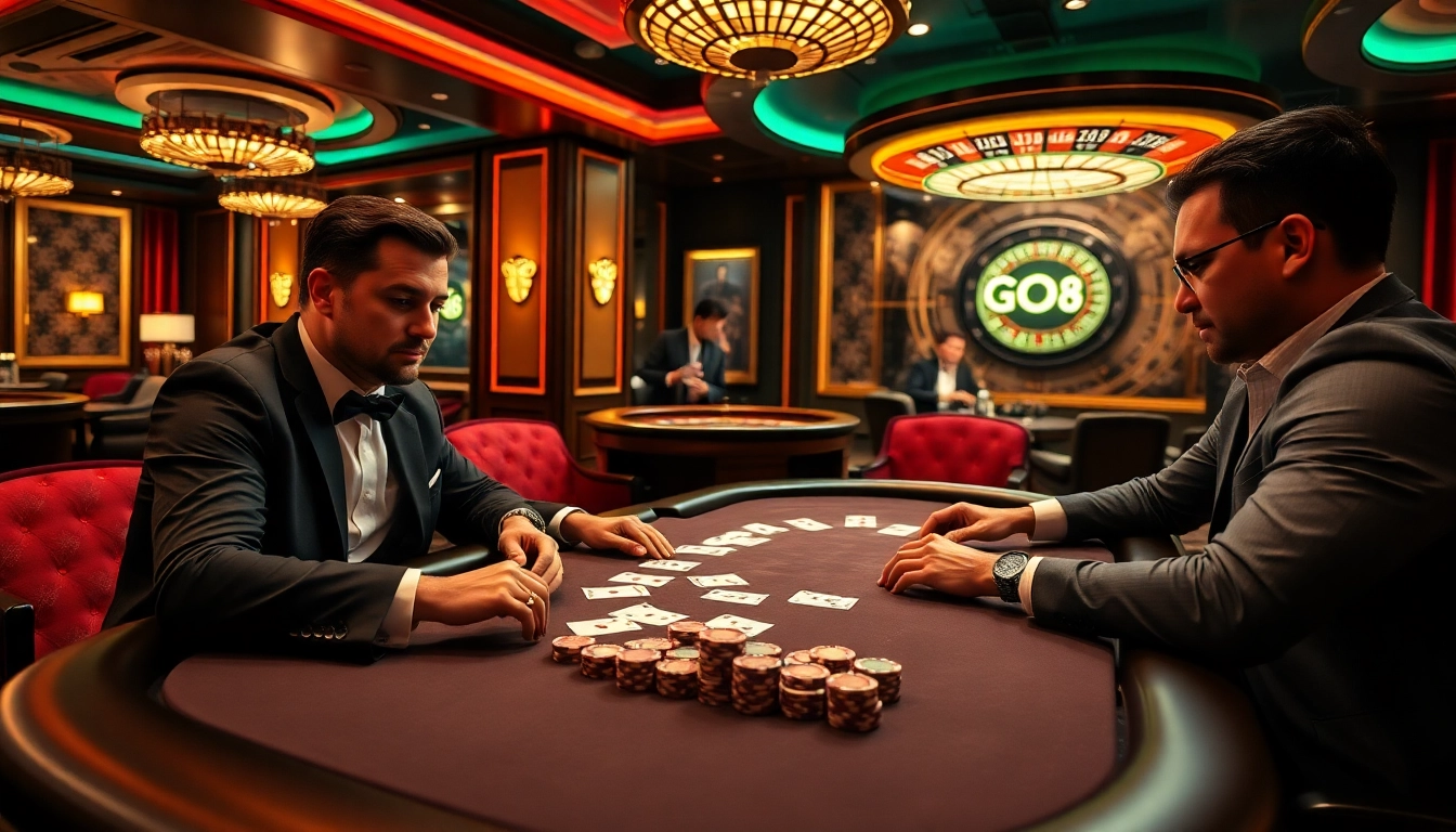 Playing high-stakes poker at Go8 casino with luxurious settings and intense focus.