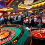 King88 players celebrating at a luxurious casino filled with vibrant slot machines and roulette tables.