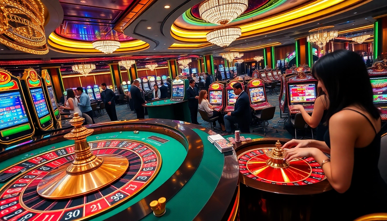 King88 players celebrating at a luxurious casino filled with vibrant slot machines and roulette tables.